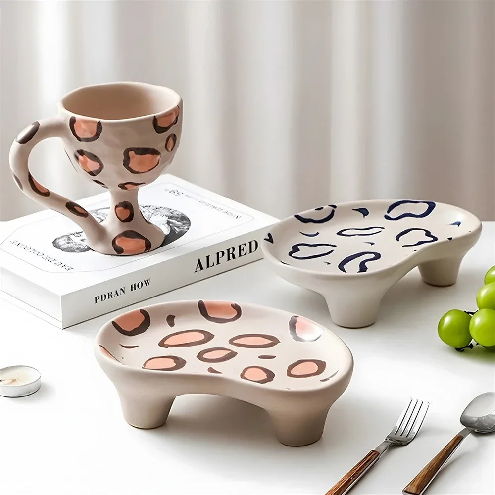 Personalized Ceramic Dessert Plate Kitchen Supplies Irregular Tableware Tray Cup Leopard Ink Printing Storage Plate Tableware