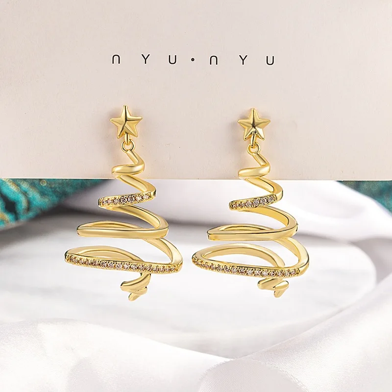 Kreative goldene Linien-Weihnachtsbaum-Ohrhänger für Damen, modische Stern-Ohrringe, Accessoires, Schmuck, Mädchen-Geschenke, Party, Freizeitkleidung – Detail 14