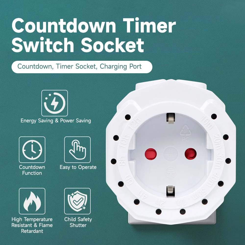 GEYA EU Plug 10min-12 Hours Timer Switch Plug in Mechanical Grounded Smart Countdown Loop Switch Socket Overload Protection