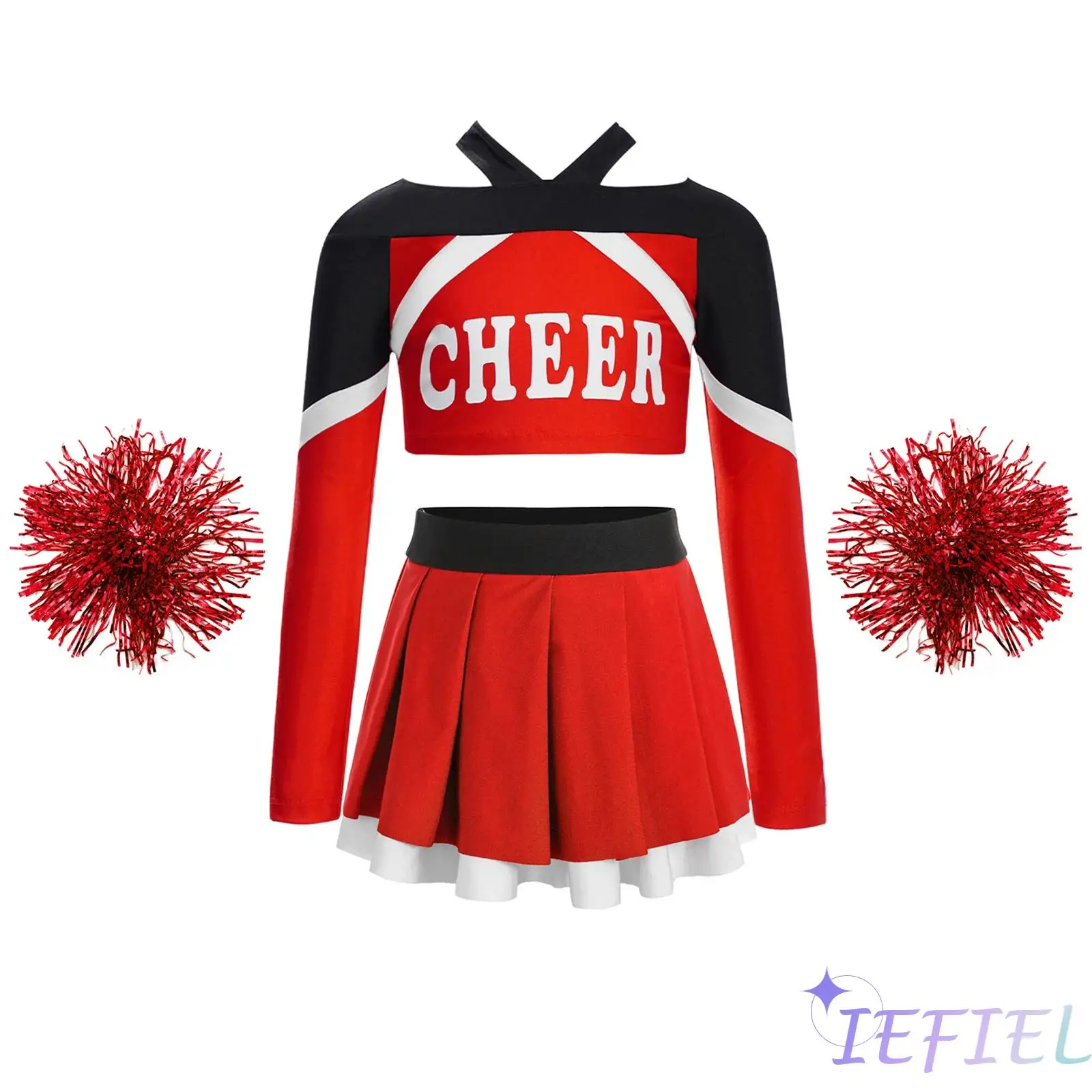 

Kids Girls Cheerleading Performance Outfit Long Sleeve Letter Print Color Block Crop Top with Pleated Skirt 2Pcs Flower Balls