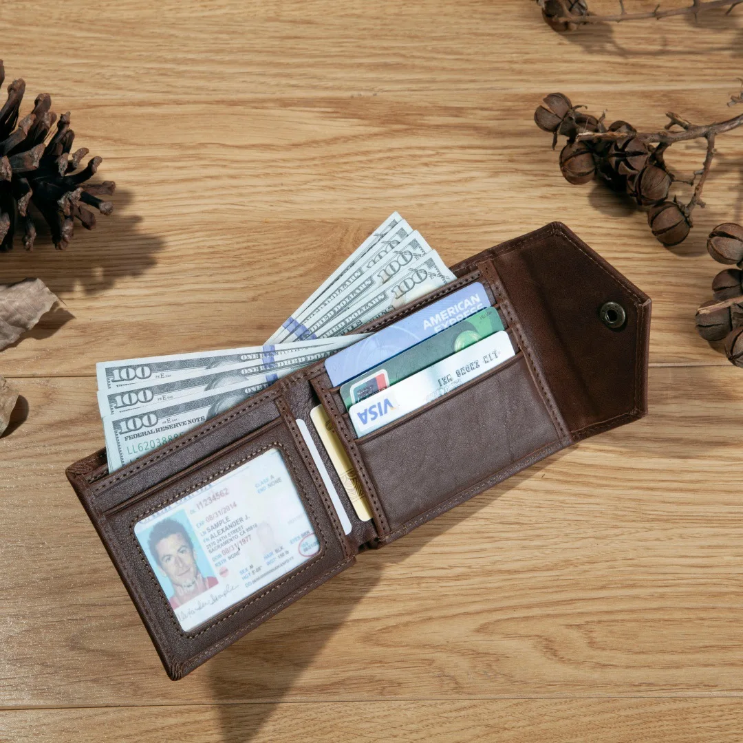 Full-Grain Leather Wallet for Men, Handcrafted Mens Bifold Wallets with Snap Closure, Slim Minimalist Thin Design, ID Window