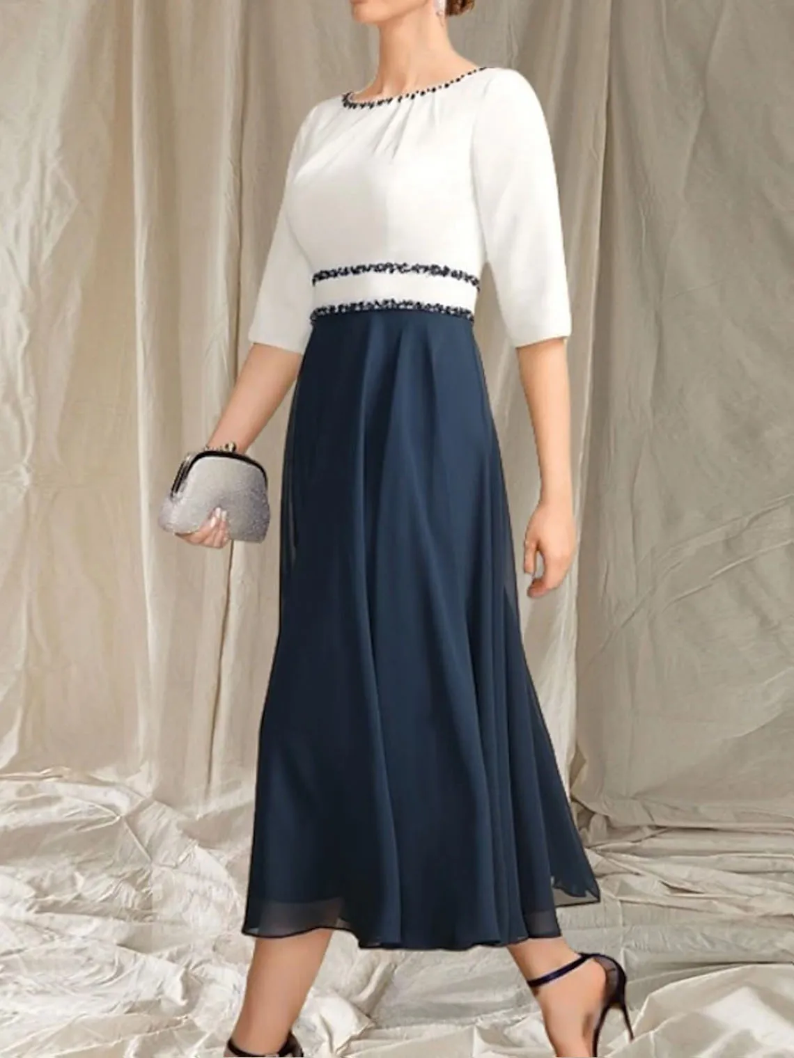 فستان زفاف شيفون أنيق على شكل حرف a جوهرة طول الشاي 3/4 كم مطرز بالخرز فستان أم العروس 2025 مخصص مجاني #3