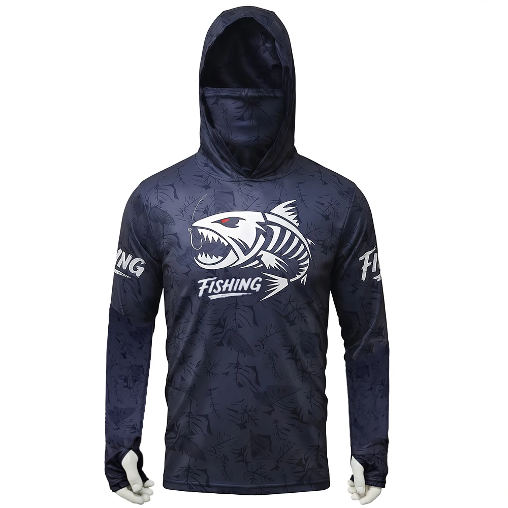 Herren Skelett-Fisch-Print UPF50+ Angelhemd mit Kapuze und Gesichtsmaske, Langarm, Schnelltrocknend, Anti-UV, Atmungsaktiv, Outdoor-Angeloberteil – Detail 7