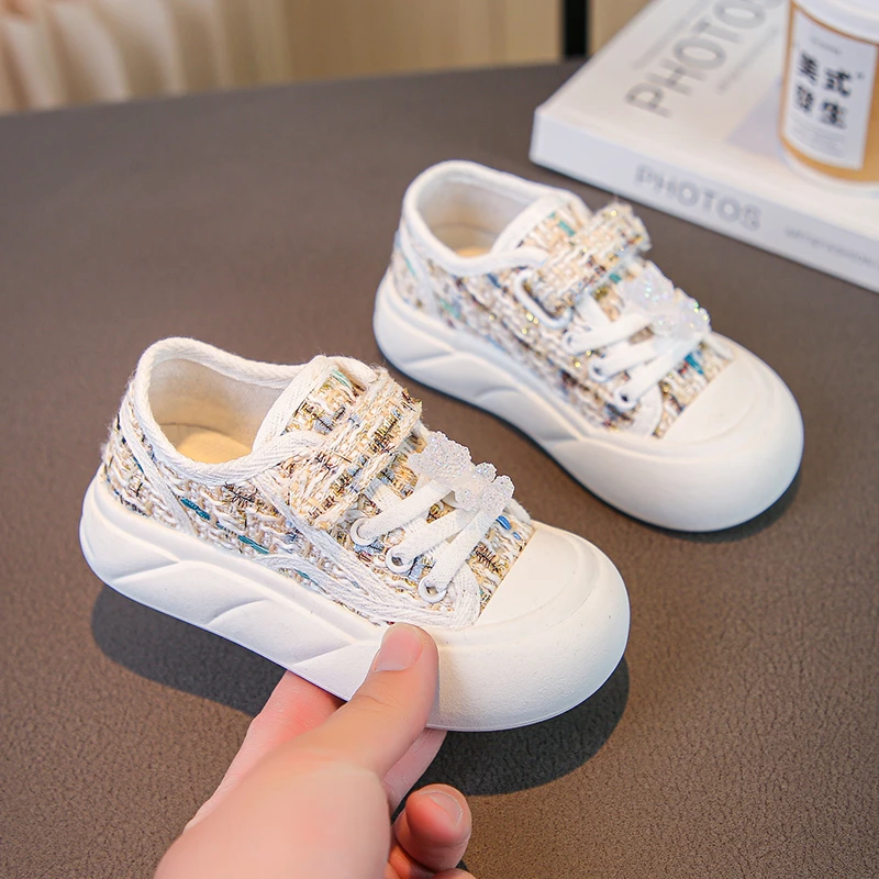 Children White Canvas Shoes Toddler Girls Casual Sport Shoes Soft Rubber Sole Sneakers Striped Skate Shoes Autumn Spring 5-16Y