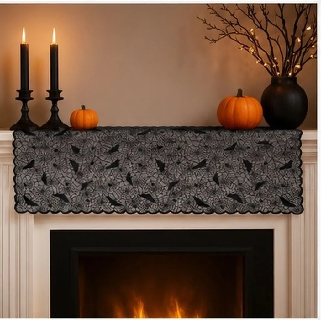 1Pcs Halloween Lace Spider Web Tablecloth Black Decorative Fireplace Cloth Lampshade Party Decoration for Haunted Carnival