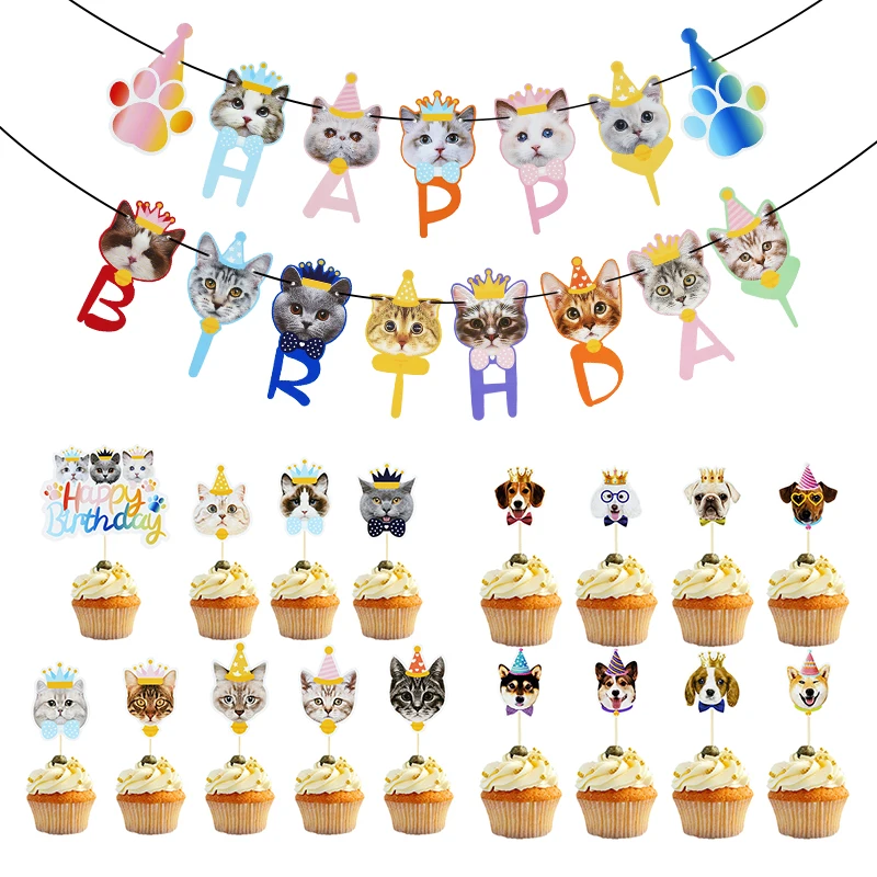 

Cute Cartoon Cat Dog Cake Topper Animals Theme Kids Birthday Banner Baby Shower Favors Party Cupcake Cake Decorations Supplies