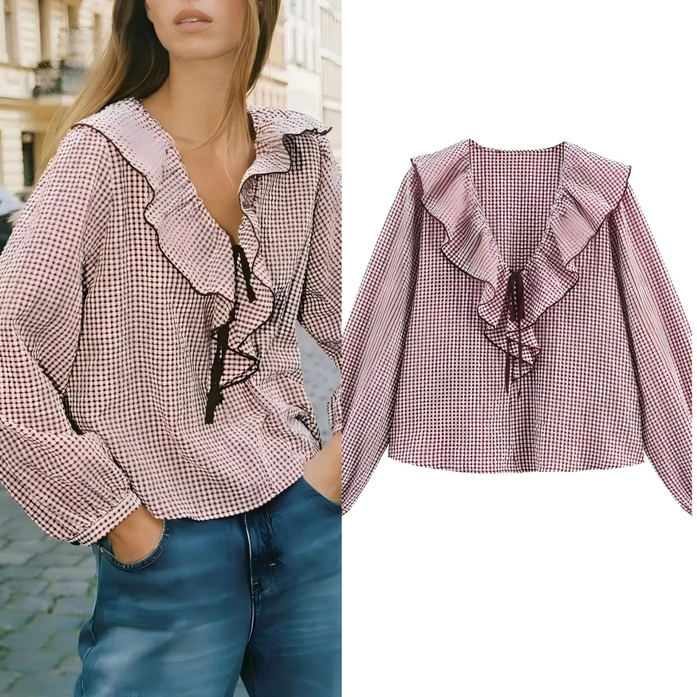 

Women's new fashion layered decoration casual lace up plaid shirt retro V-neck long sleeved women's shirt chic top