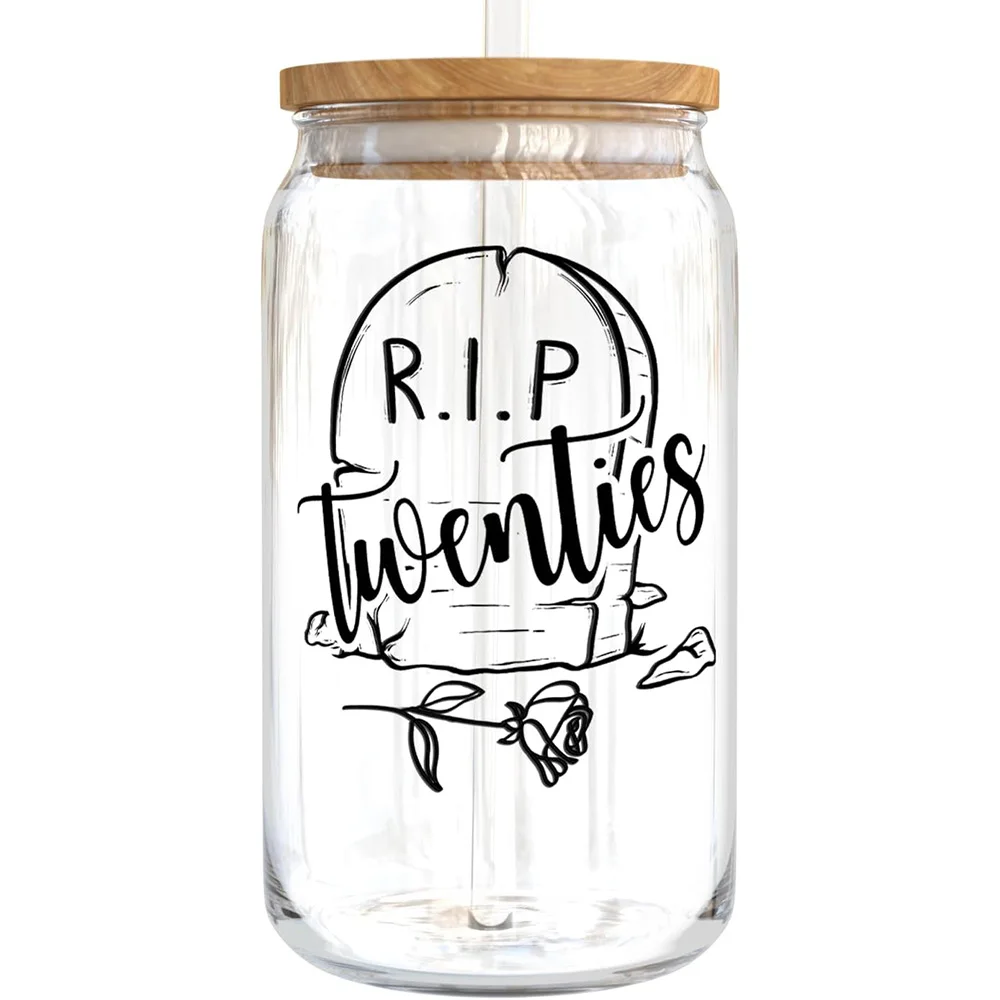 

1pc Birthday Gifts for Her Women Rip 20s Glass with wooden lid and straw 16oz Rip Twenties Last Year In My 20s party Decorations
