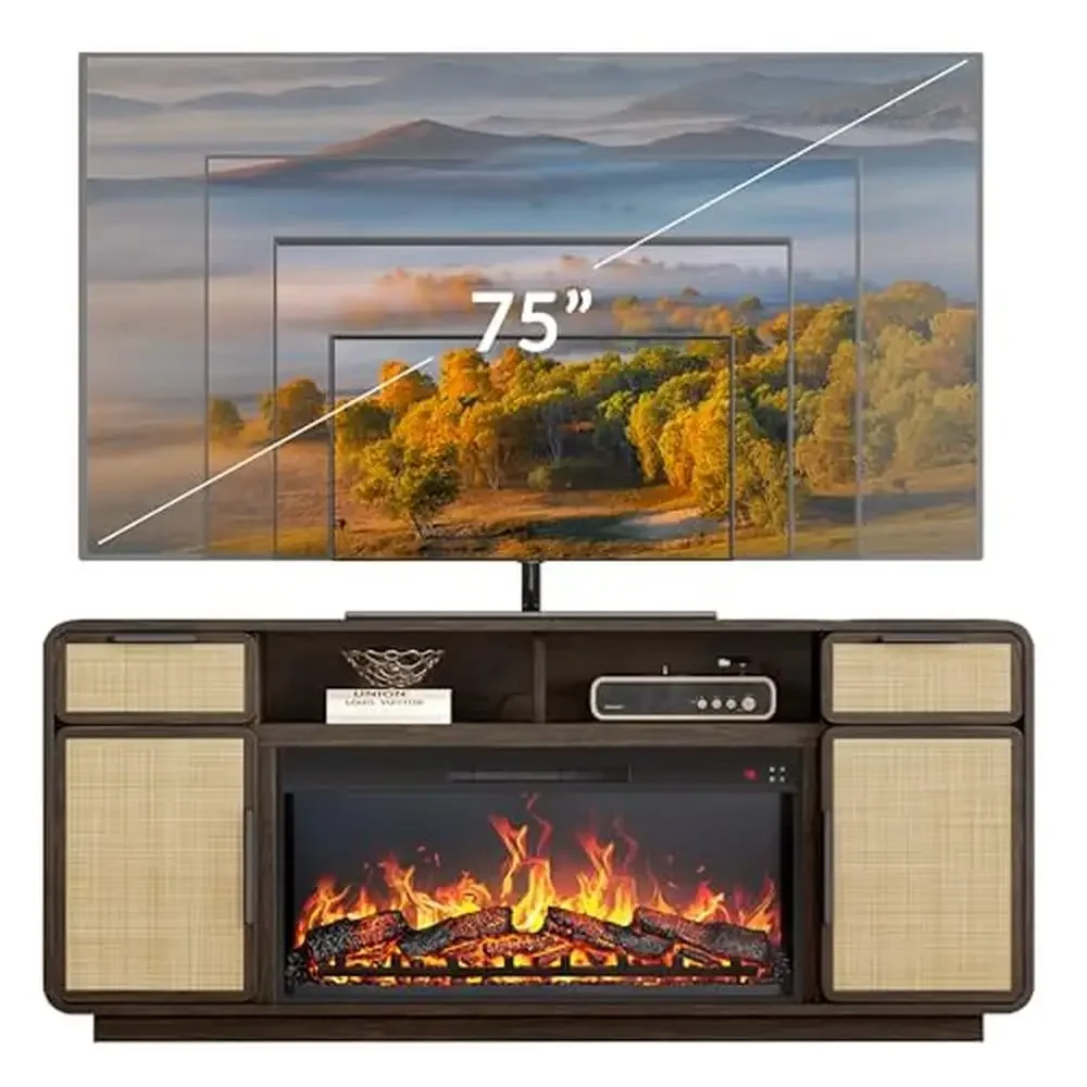 Boho 68" TV Stand Entertainment Center w/ 36" Electric Fireplace Heater Rattan Console Table Flame Effect Ample Storage Modern