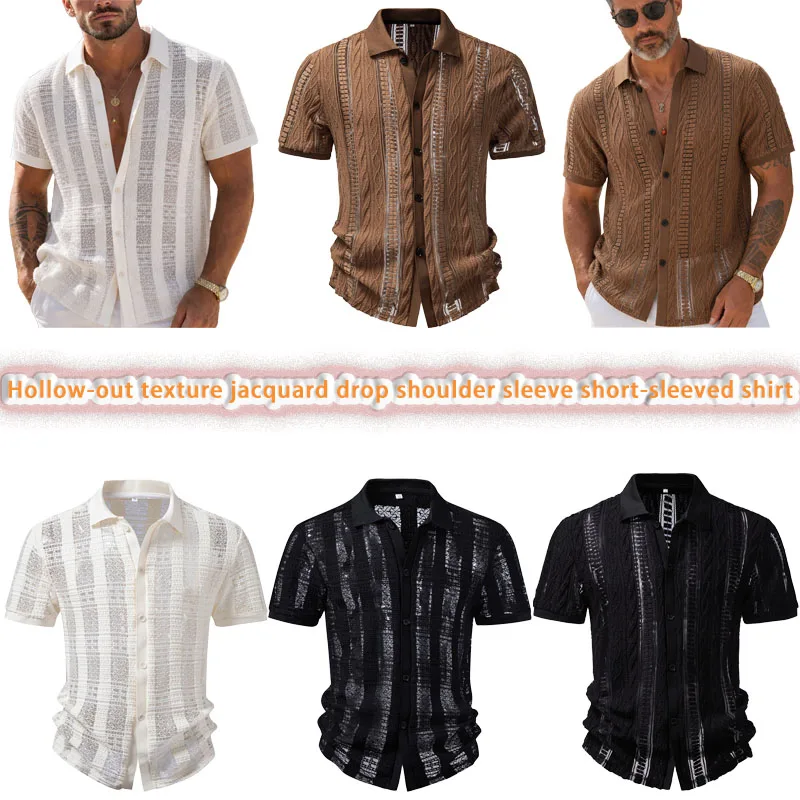 Summer Hollow Texture Jacquard Drop Shoulder Short Sleeve Shirts for Men,Trendy Lightweight Breathable Mens Casual Shirts/Camisa