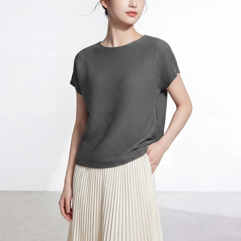 Miyake Pleated Short Sleeve Women's Top Summer Thin Light Luxury High-end Feel Solid Color Loose Casual Versatile T-shirt Pleat