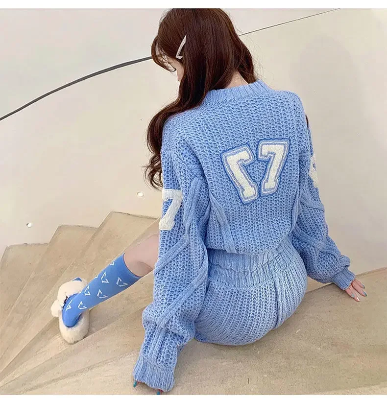 Girls Suit Knitting 2023 New Fashion Summer Korean Ladylike Sweet 2 Pic Set Full  Zipper O-Neck Elastic Waist Solid Shorts Sex