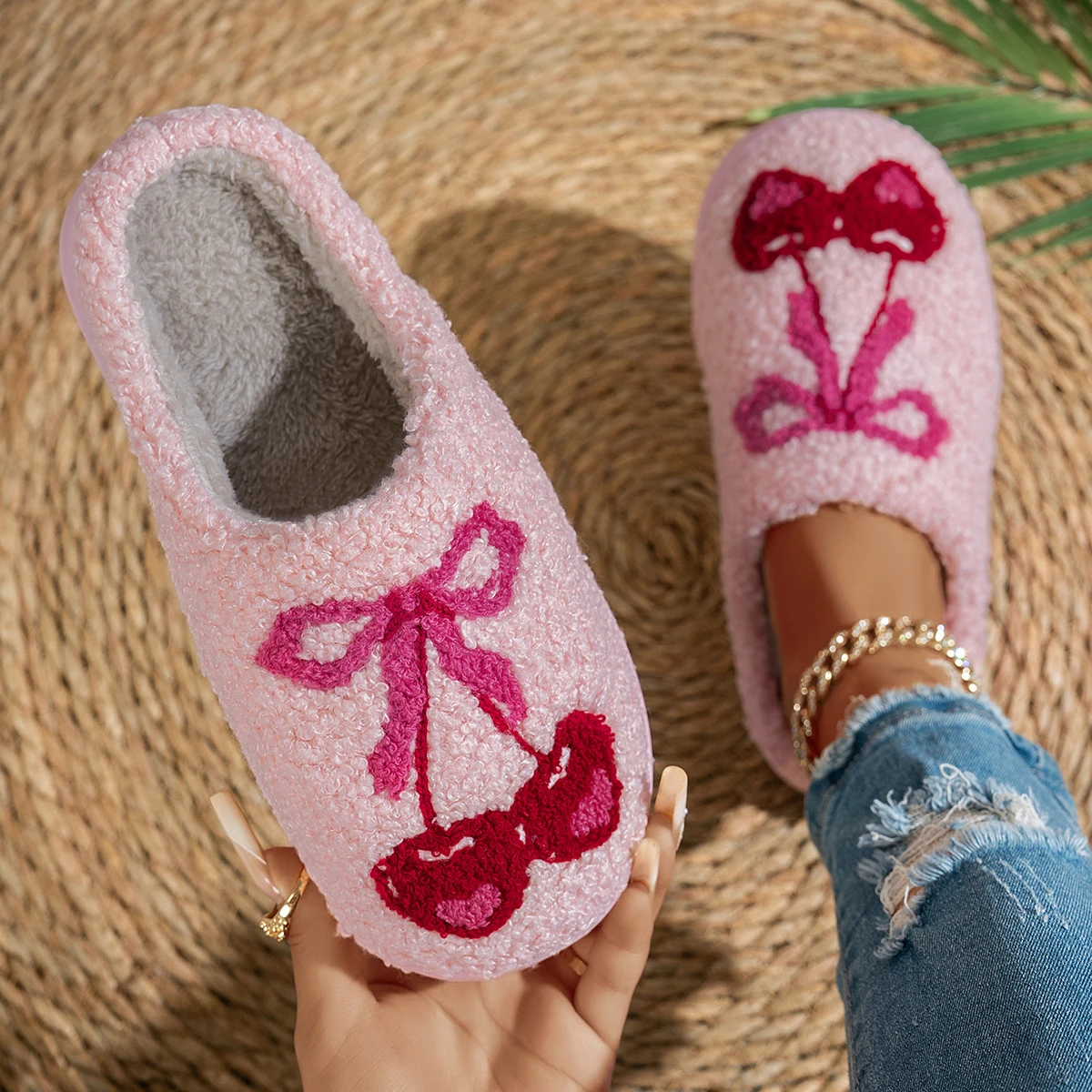 Women Slippers Fashion Winter Embroidery Cherry Fuzzy Indoor Soft Sole Breathable  Comfort Couple Home Slippers Daily Wear
