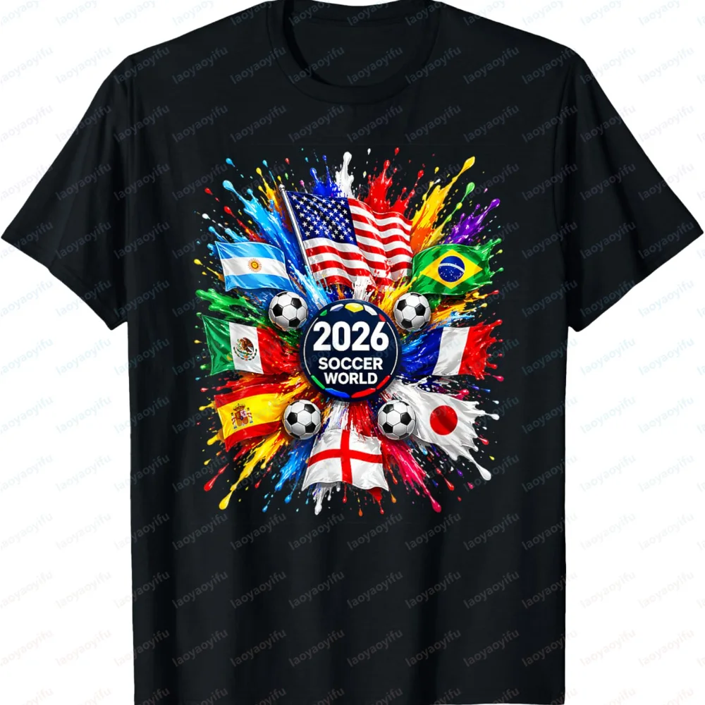 Men's 2026 Soccer T-Shirt World Flag & Color Splash Football Print Casual Short Sleeve Crew Neck Tee for Fans Match Day Apparel