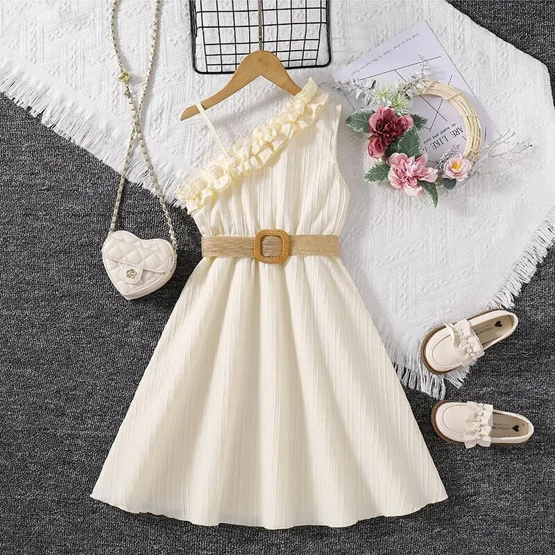 Kids For Girls 4-12 Years White Frill-Trim Asymmetrical Straps A- Line Dress Summer Vacation Birthday Party Clothes