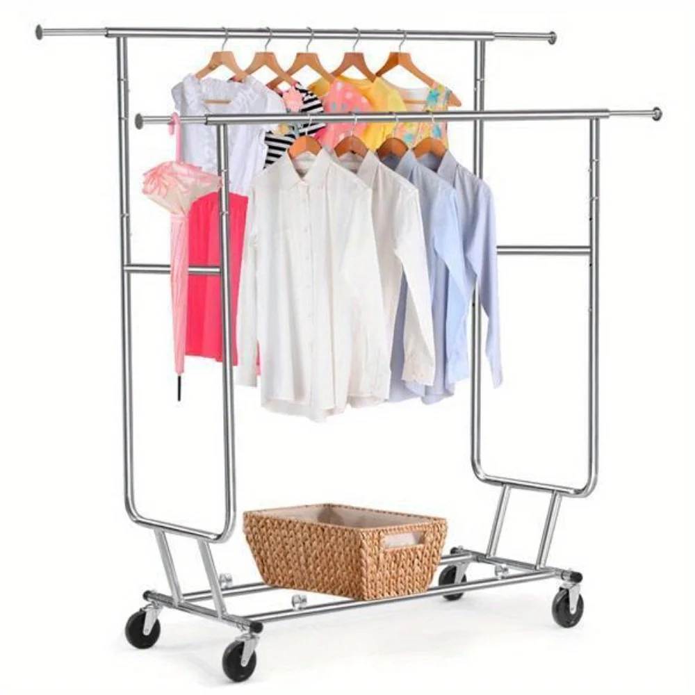 Rolling Adjustable Clothes Rack Double Bar Rail Garment Garment Rack Heavy Duty