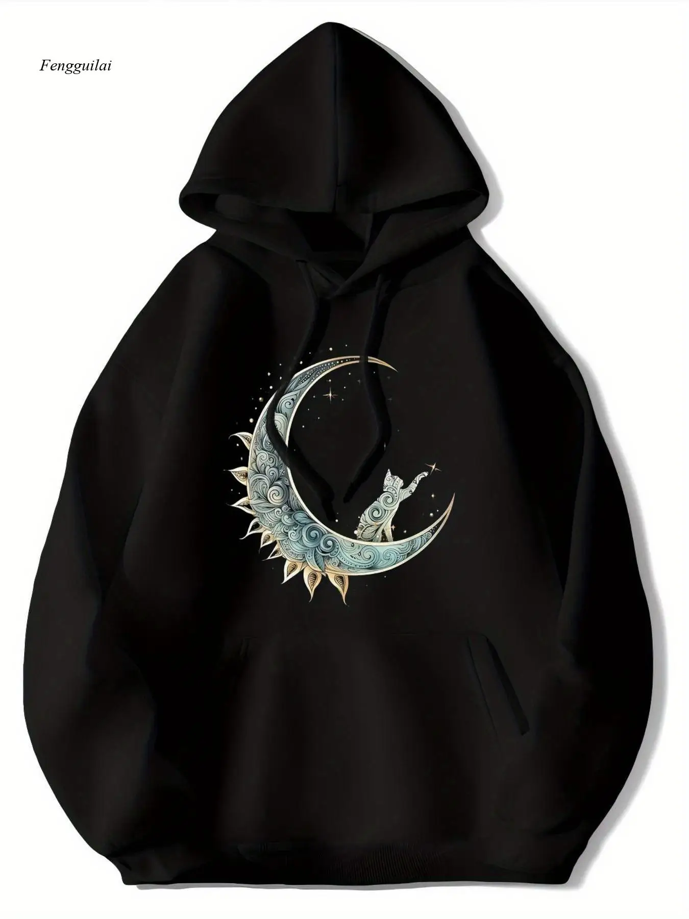 

Толстовка с капюшоном Cute Cat on Moon & Stars — мягкий флисовый пуловер с принтом кошачьей лапы и луны