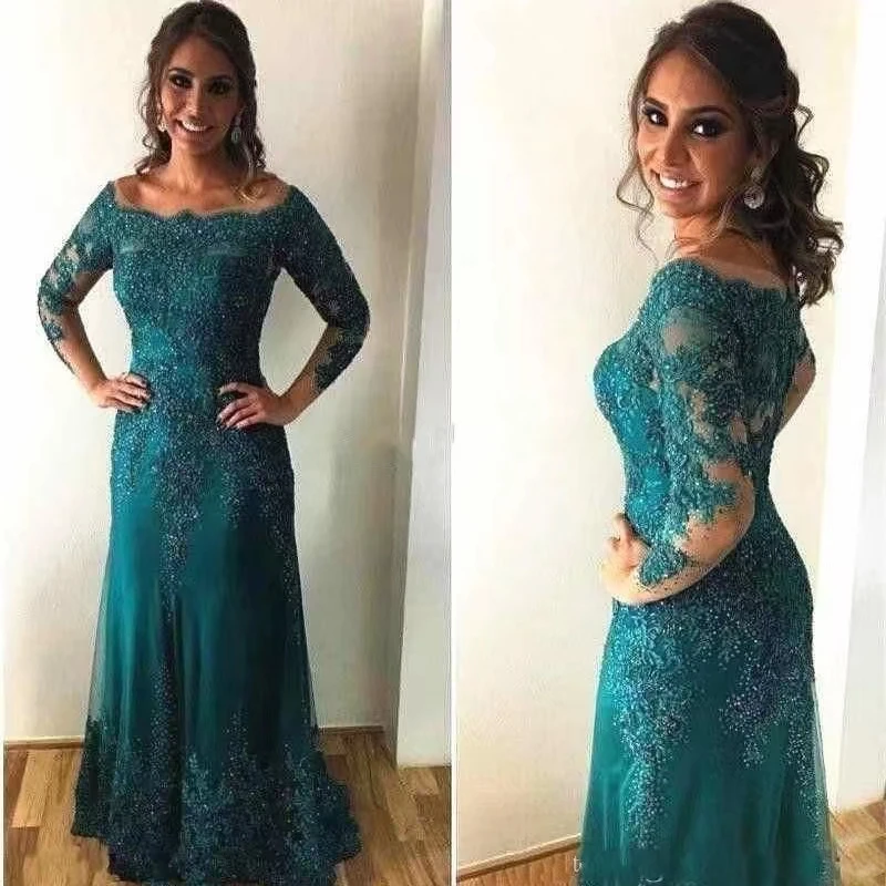 

2024 Elegance Green Scoop Neck Lace Applique Prom Dresses Mother of the Bride Dresses Long Sleeve Formal Wedding Party Gowns