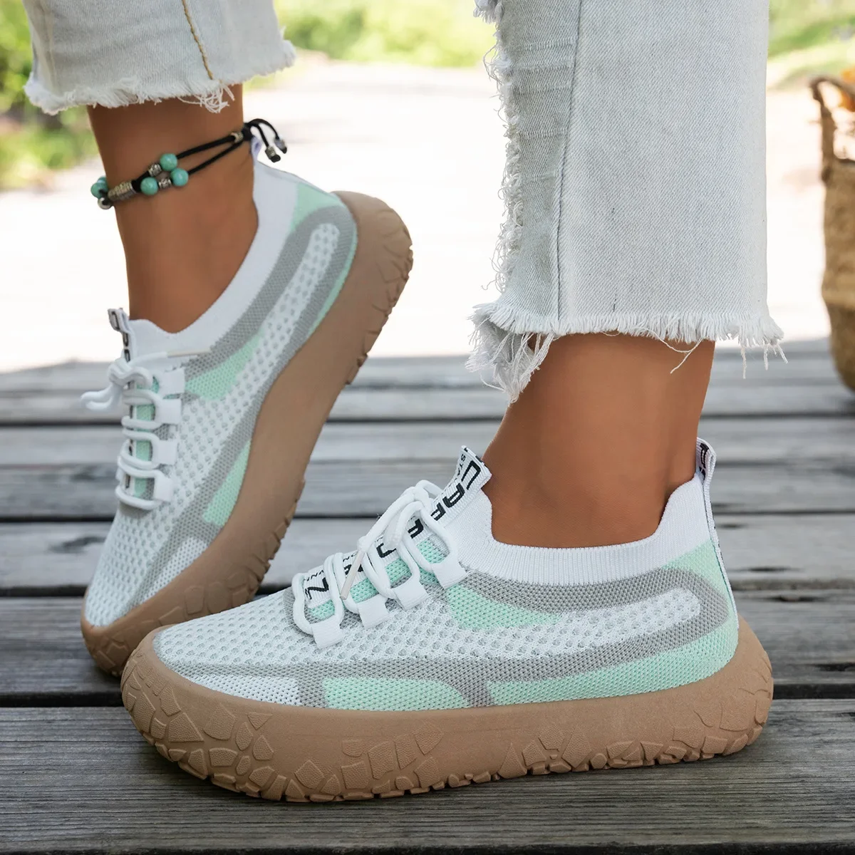 Women Knit Flying‑weave Sneakers Lace‑up Thick Sole Non‑slip Breathable Mesh Outdoor Walking Casual Shoes