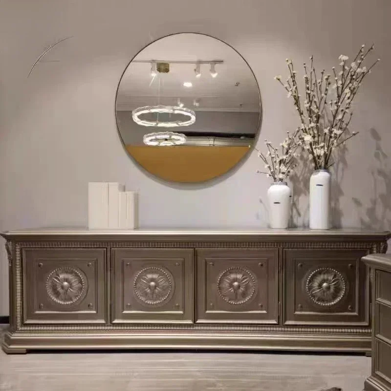 

Light luxury solid wood carving flower champagne gold retro old TV cabinet