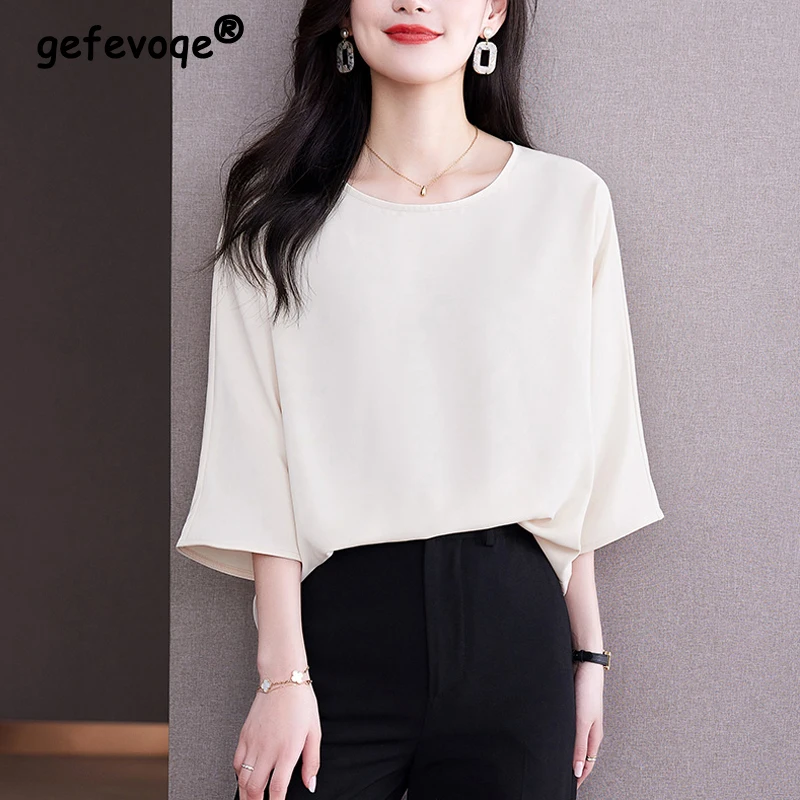 Women Korean Fashion Simple Elegant Temperament Blouse Casual O Neck 3/4 Sleeve Shirt Solid Loose Pullover Tops Blusas De Mujer