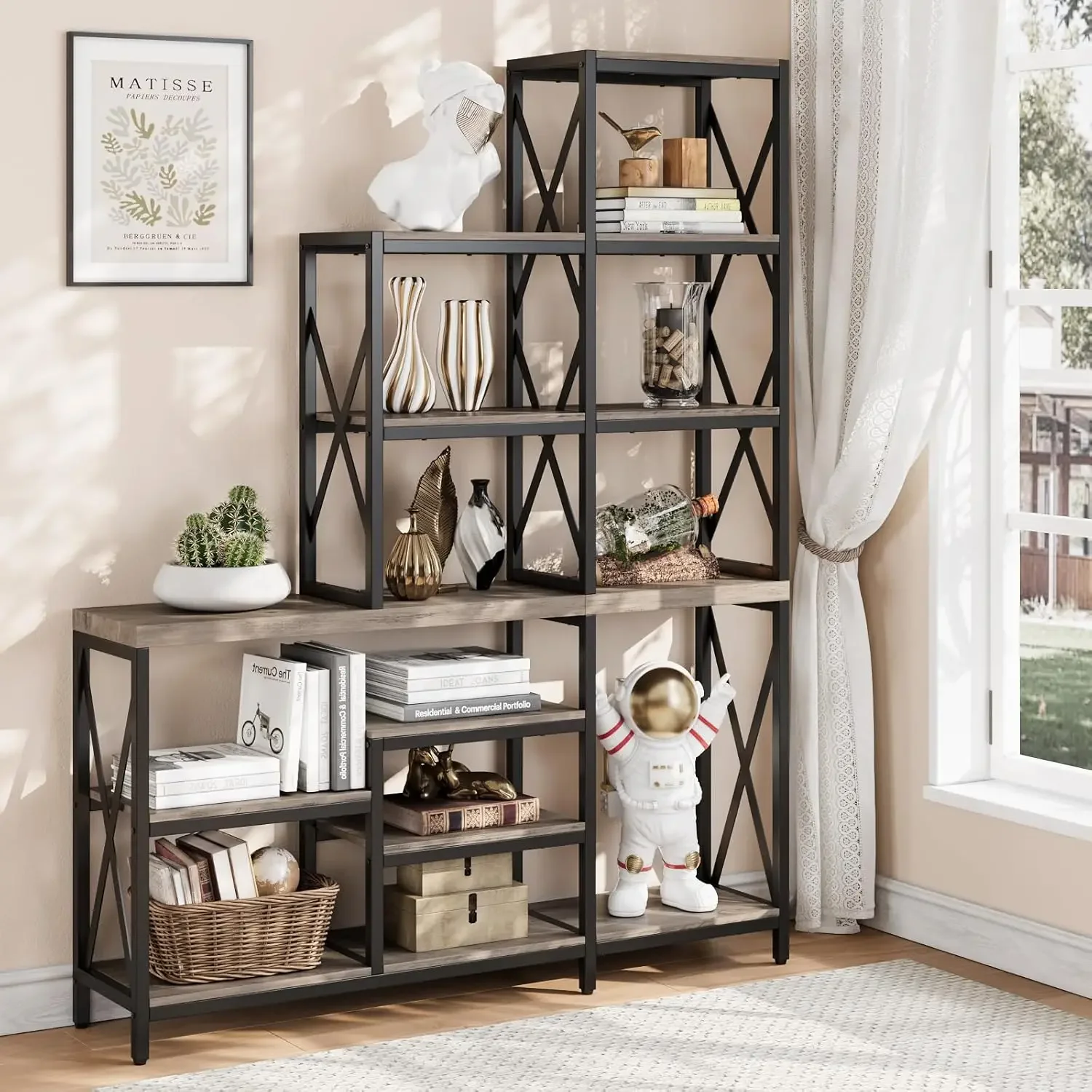 70 Inch Bookshelf with 28 Storage Shelves, Set of 2 Book Shelves for Living Room, Etagere Bookcases with Metal Frame,