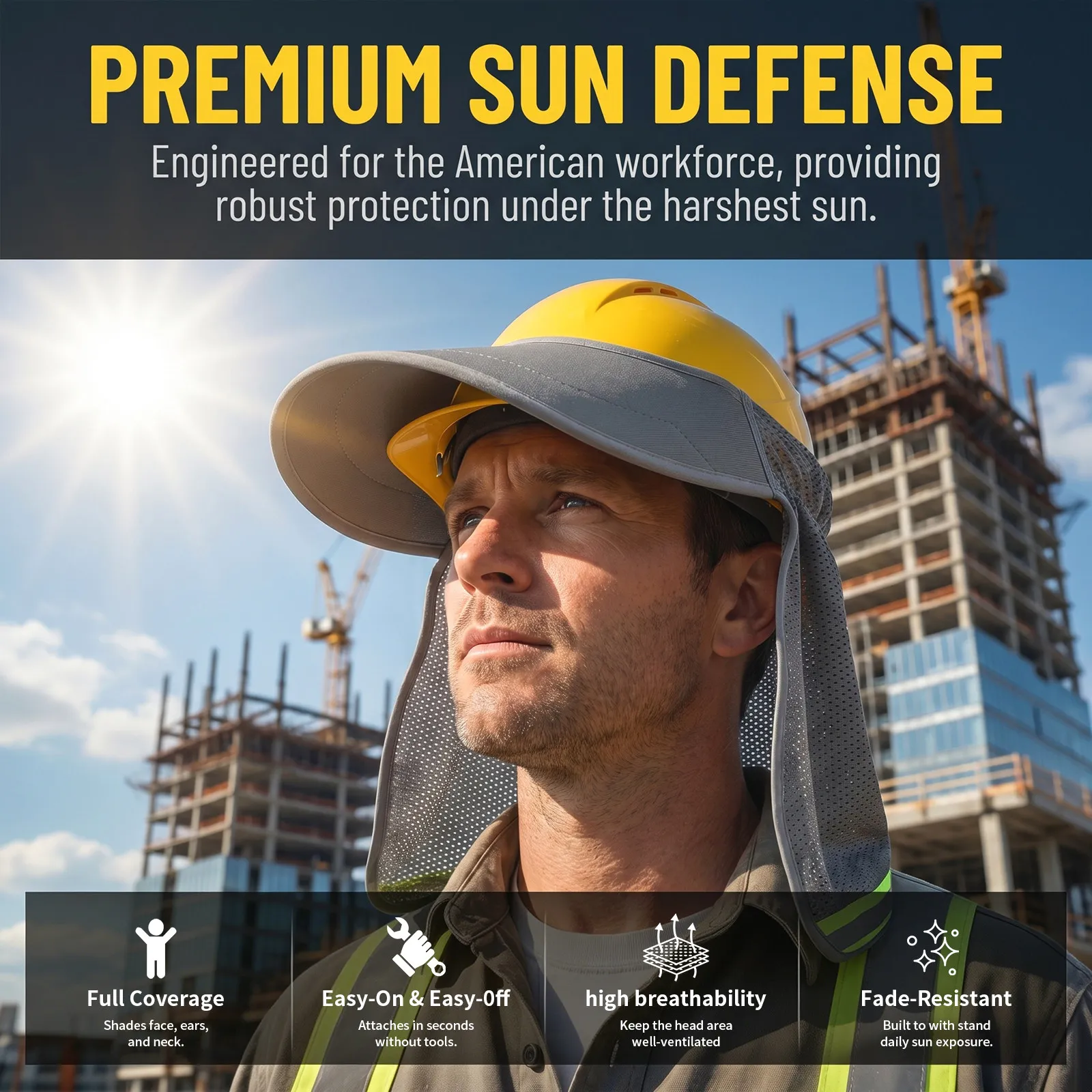 Hard Hat Sun Shade Full Brim Breathable Mesh Neck Shield for Construction Safety Outdoor Work Sun Protection