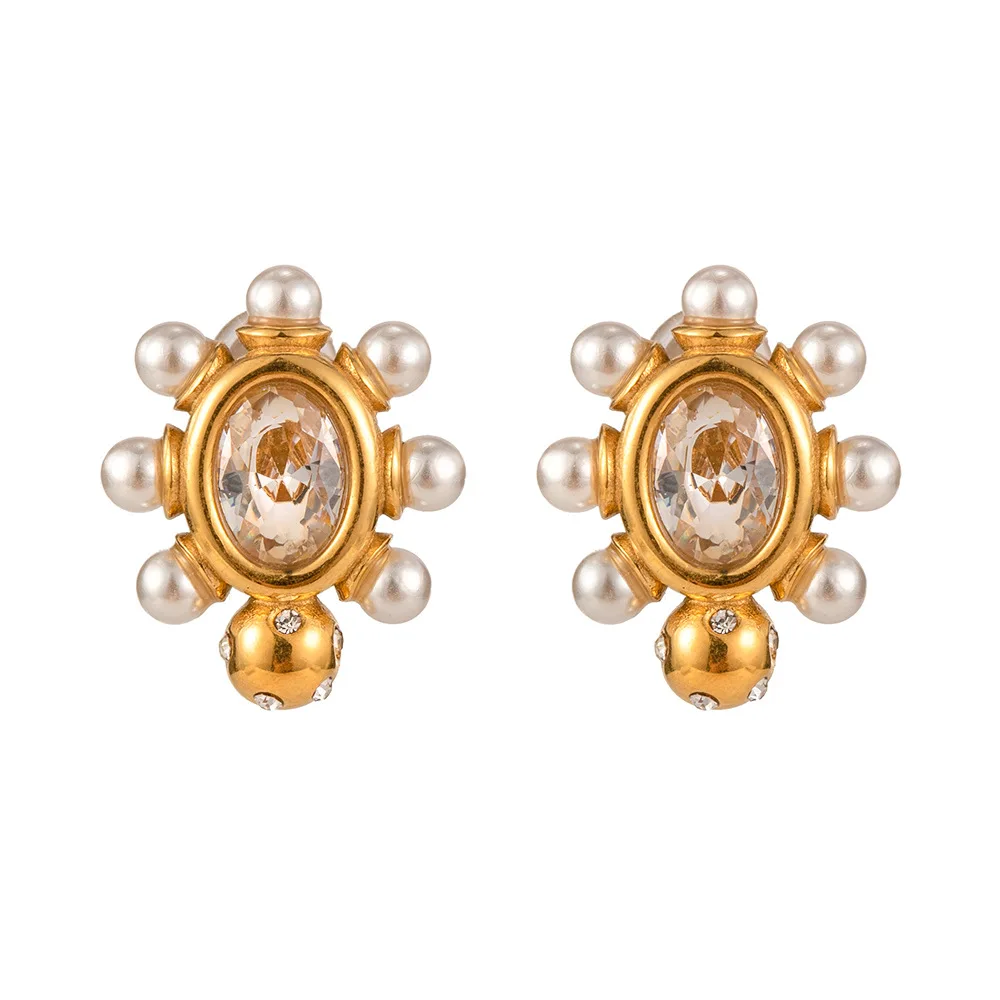 

Stainless Steel PVD 18K Gold Plated Tarnish Small Size Pearl Crystal Inlay Stud Earring For Woman Jewelry Wholesale 2023 Trendy