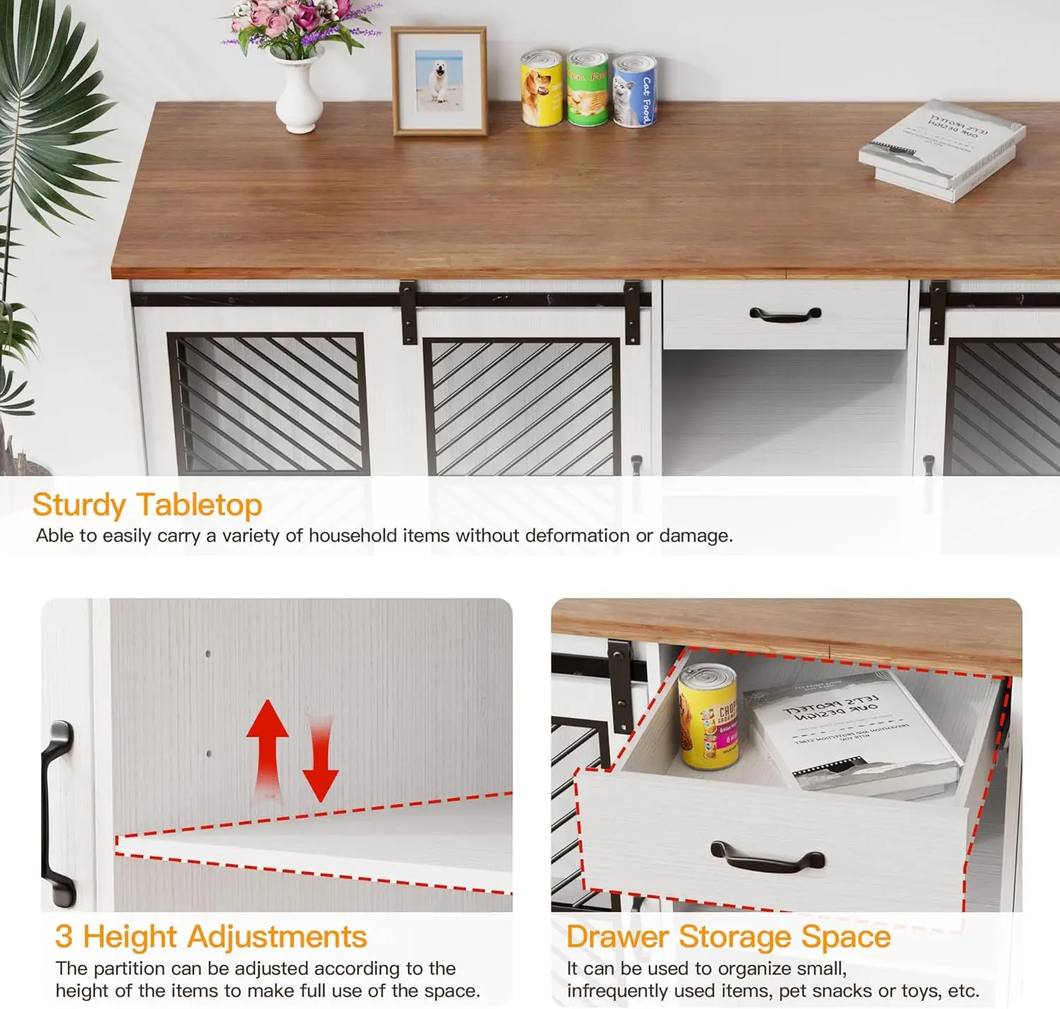 Sturdy Indoor Double Dog Crate Furniture, Large Breed Wooden Kennel End Table with TV Stand