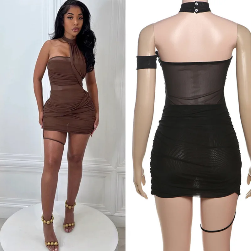 

Summer Halter Club Mini Dress Women 2025 New Mesh Pleated Bodycon Sexy Backless Off Shoulder Beach Party Asymmetrical Wrap Skirt