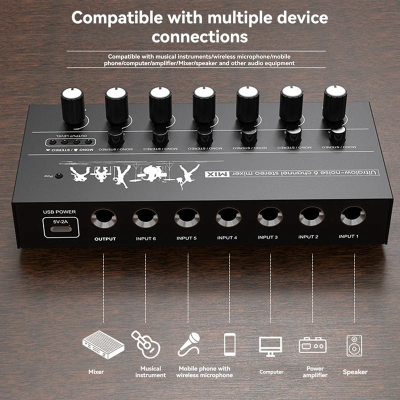 Compact 6-Channel Audio Mixer Ultra Low Noise, High Performance Stereo Mixer For Guitars, Bass, Keyboards