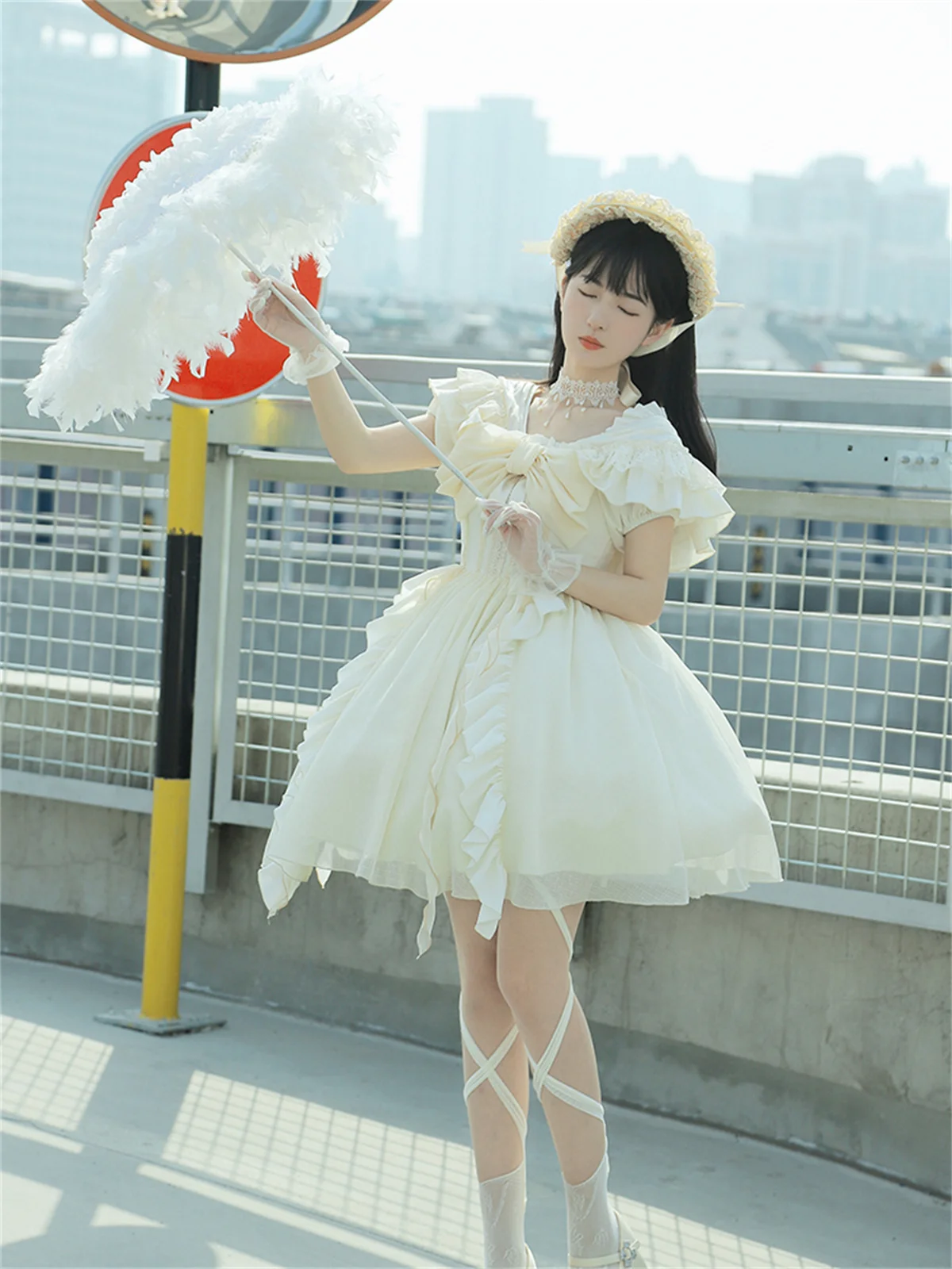 Withpuji Original French Romantic  Style Cosplay Lolita Op Elegant Girls White Puff Sleeve Bowknot Noble Moonlight Dress