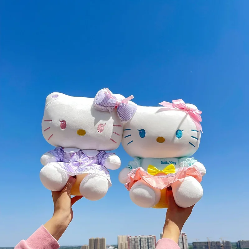 

50CM Sanrio Cartoon KT Cat Bow Plaid Skirt Plush Toy Soft Stuffed Doll Companion Gift Children Christmas Birthday Gift