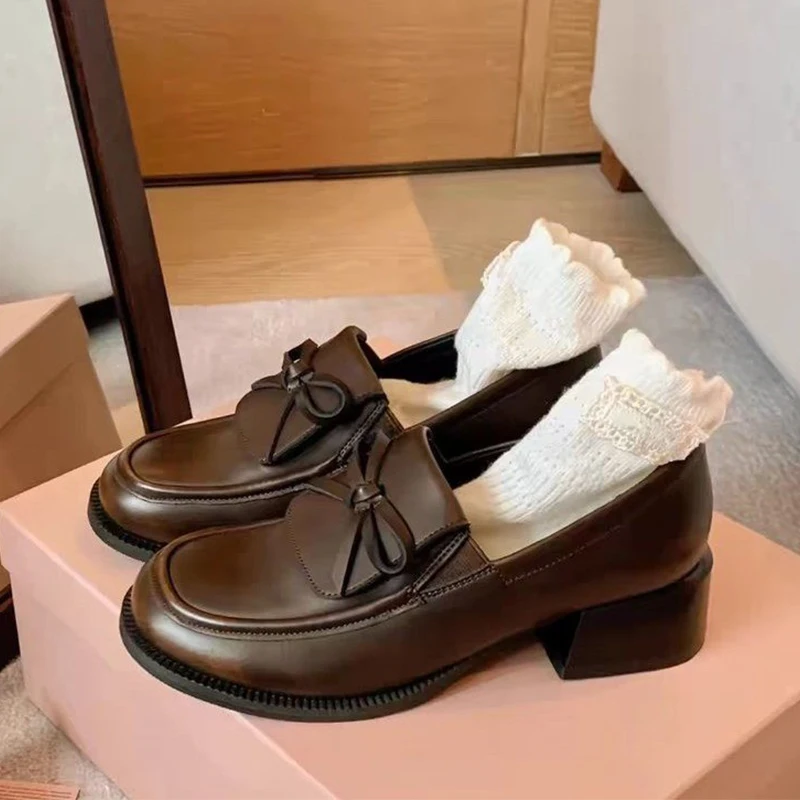 

Women Bow Loafers Shoes High Heels Leather Shoes 2026 Spring Trend Chunky Office Shoes Shallow Dress Pumps Walking Soft Zapatos