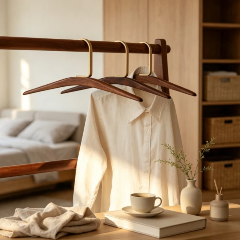 Black Walnut Wood Hanger with Brass Hook Light Luxury Non Slip Suit Holder Anti Wrinkle Clothes Rack High End Blouse Organizer