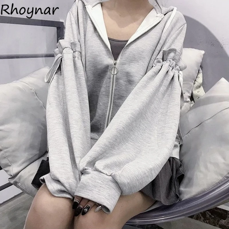 

With Hat Hoodies Women Bandage Solid Loose Spring Puff Sleeve All-match Chic Streetwear Casual Female Korean Style Harajuku Cool