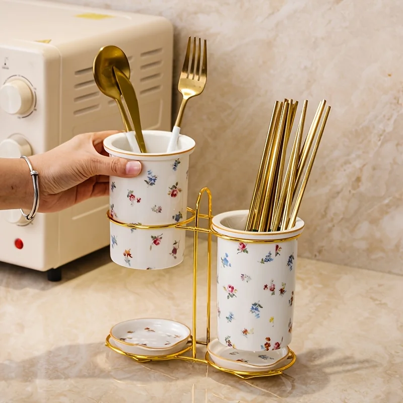Ceramic Dish Rack Affordable Luxury Style Storage Shelf Golden threaded Small Floral Storage Jar with Metal Stand Draining Tray