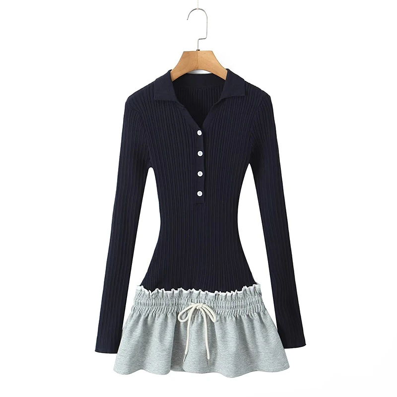 

2 colors Sexy Women Knit Patchwork Mini Dresses Long Sleeve Lapel Collar Slim Autumn Dress