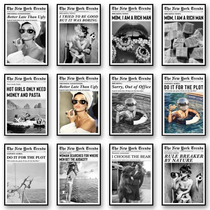 Trendy Vintage Newspaper Prints Woman Drinking Wine Pictures Retro Black and White Girly Canvas Painting Wall Art Home Decor