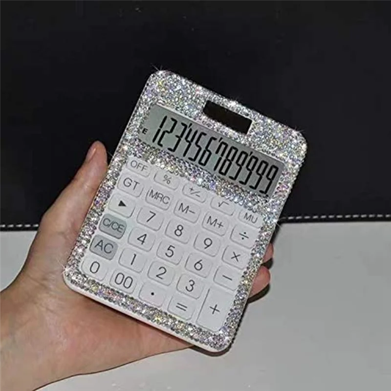 Hot sale Rhinestone Crystal Dazzling 12 Digit Solar and Battery Dual Power ,LCD Display Calculator for Office, School White