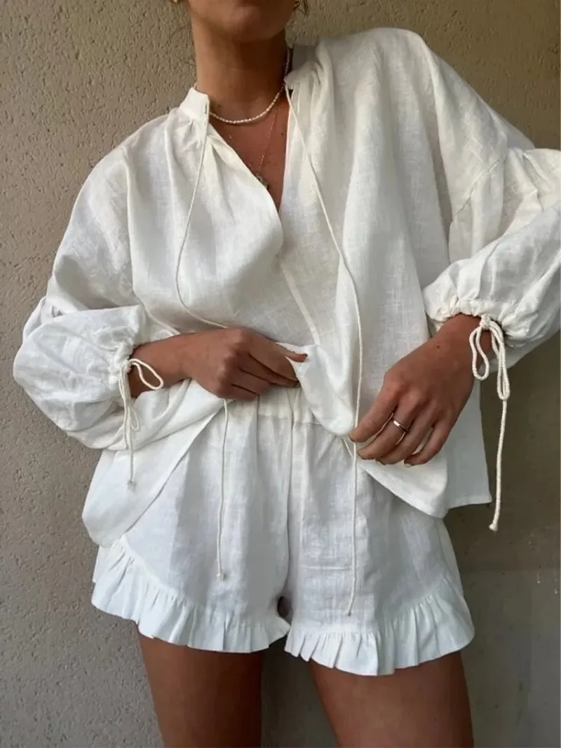 Women Casual Cotton Linen Ruffle Shorts Suits Long Sleeve Drawstring Linen Pullover 2 Ps Set Summer Ladies Beach Outfit Blouse