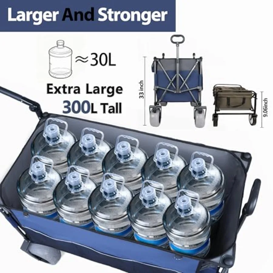 Heavy Duty Beach Wagon Cart for Sand Camping Garden Sports, Steel Frame Blue Folding Utility Wagon with Big Wheels, 300L Capaci