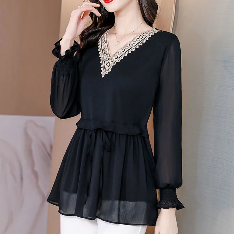 V-Neck Fashion Elegant Solid Color Chiffon Shirt Women\'s Clothing Pullovers Loose Casual Female Spliced Lace Up All-match Blouse