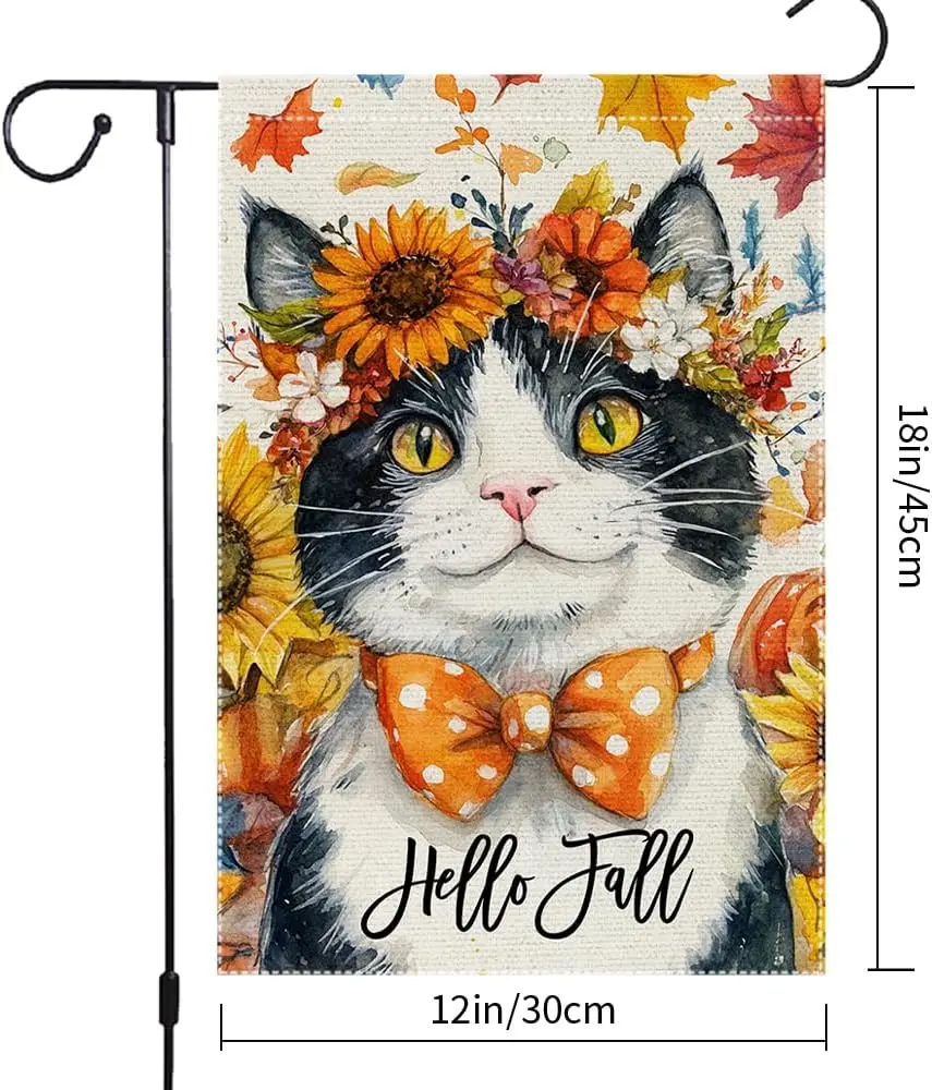 مرحبا الخريف حديقة العلم القط حديقة أعلام 12x18 بوصة مزدوجة الوجهين الخيش الصغيرة الخريف منقطة Bowknot ديكور خارج ساحة La HZZ