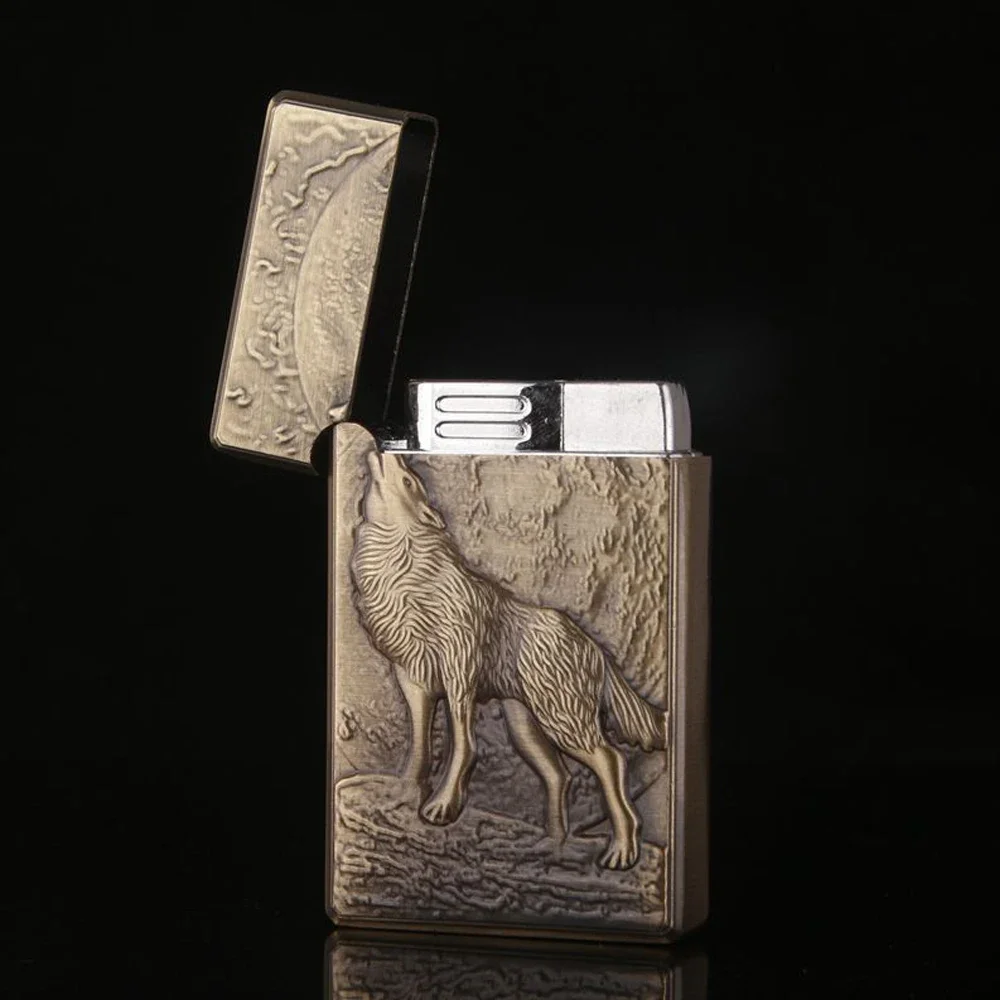 Vintage Collection Engraved Wolf Metal Lighter Butane Cigarette Accessories Windproof Refillable Gas Jet Lighter Gadget Men Gift