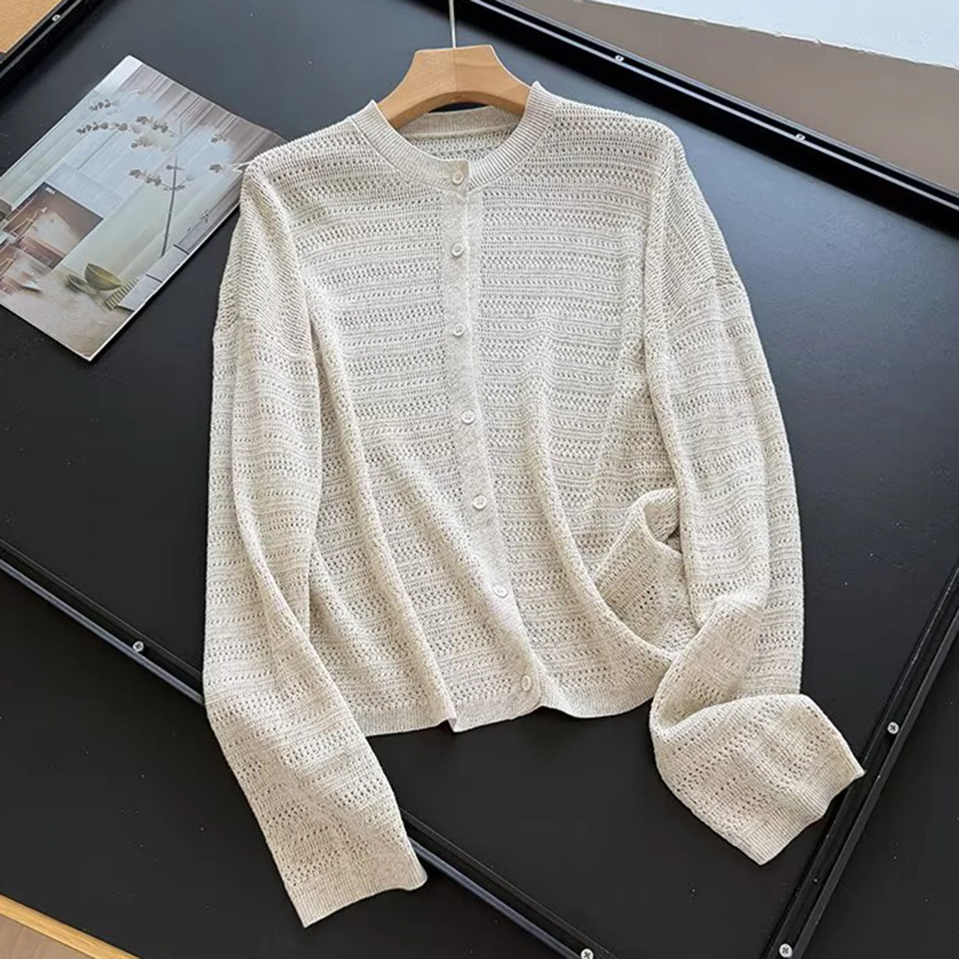 Soft Style Women's Knitted Hollow out round Neck Sweater Light Beige Open Cardigan Long Sleeve Comfortable Feel Spring Summer