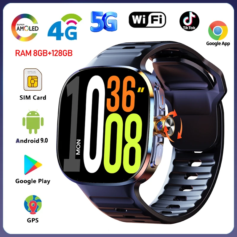 5G/4G Android 9.0 Smart Watch 2.40 inch 720*720 AMOLED HD 900W Camera Call 8GB+128GB RAM 2100mAh GPS WIFI Google APPS Smartwatch