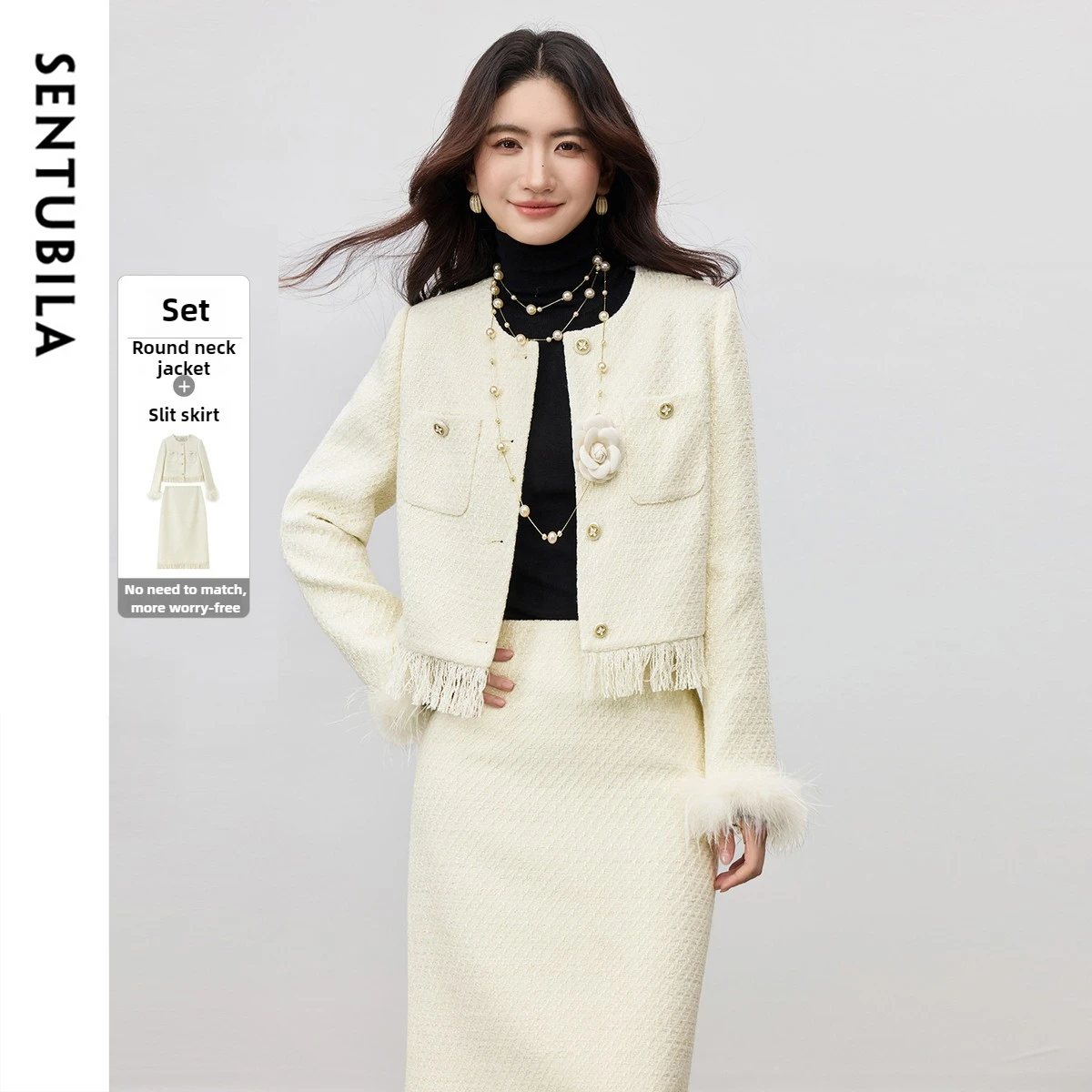 

SENTUBILA Women's 2-Piece Set 2025 Autumn O-Neck Tweed Coat & Midi Waist Split Straight Skirt Elegant Office Wear 154ZA3736