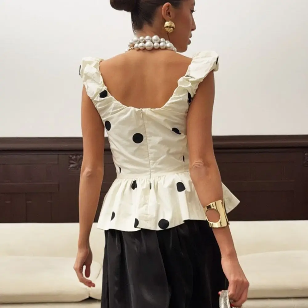 Elegant Deep V Neck Polka Dot Tank Top Ruffled Backless Sleeveless Silk Vest Off-shoulder Spring Short Blouse Female