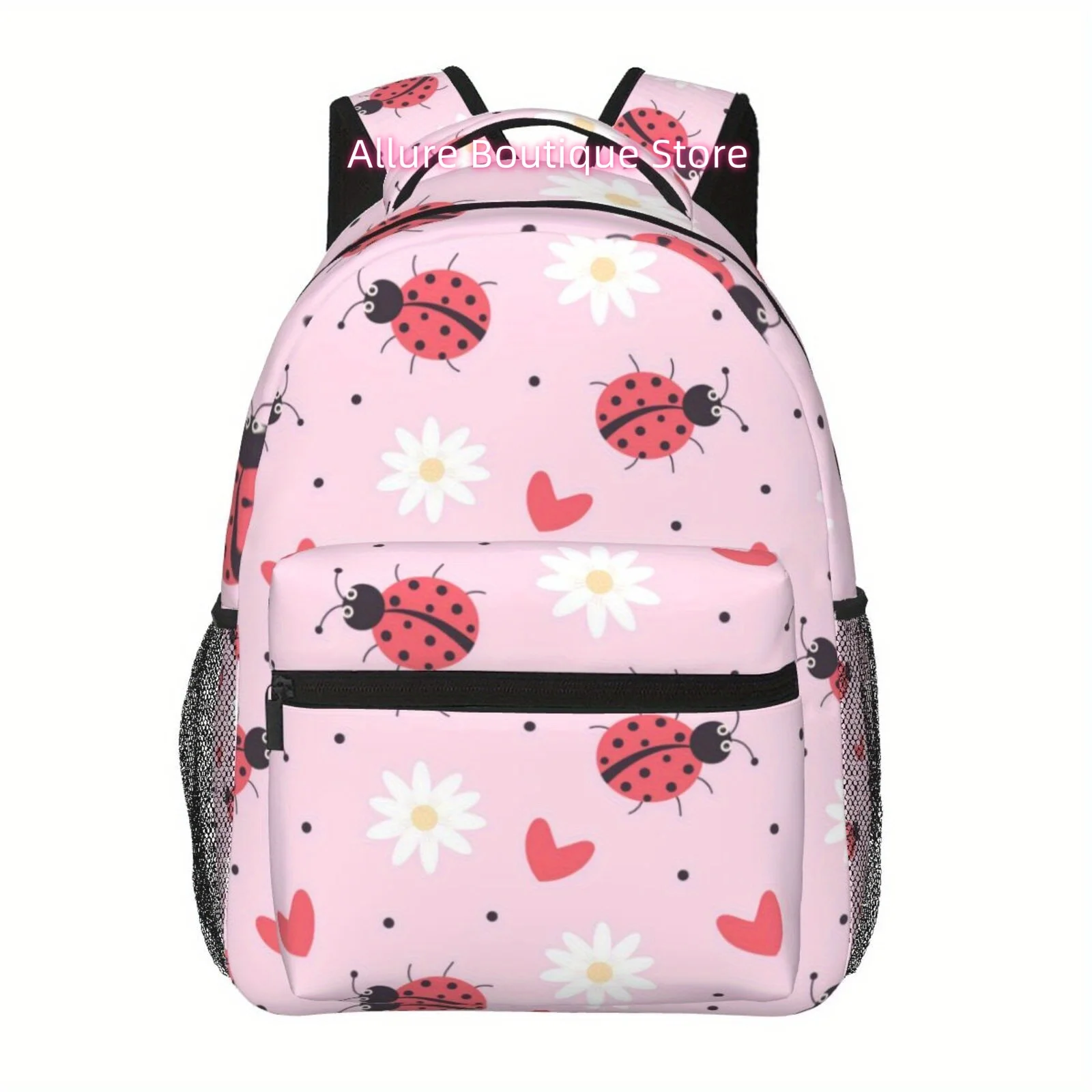 1pc Sweet Daisy Ladybug Pink Theme Half Full Print Large Capacity, Double Net Pocket Backpack, Lightweight and Durable Polyester